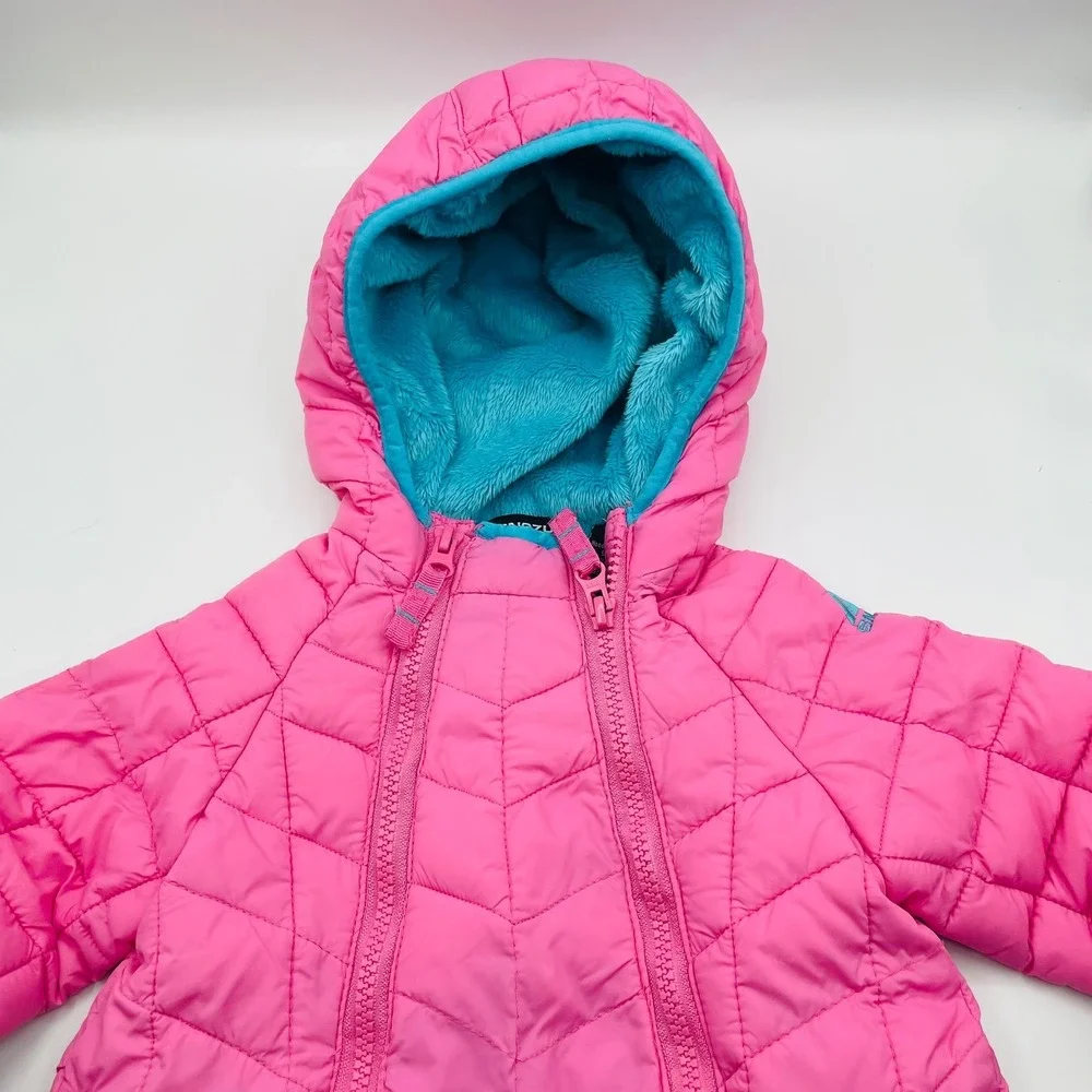 EUC Snozu Baby Pink Quilted Snowsuit Bunting Hooded Zip Cozy Sherpa Lined9-12 Mo